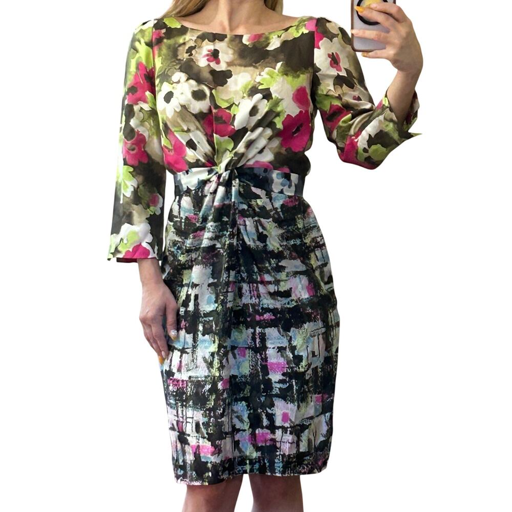 Moschino Cheap and Chic Silk Mixed Abstract Floral Twist-Front Sheath Dress 4